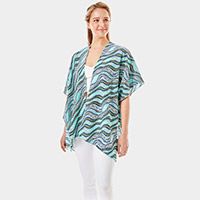 Wavy Printed Lurex Cover Up Poncho Kimono Poncho