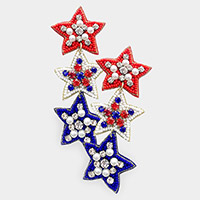 Felt Back Pearl Stone Seed Beaded USA Triple Star Link Dangle Earrings