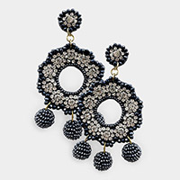 Felt Back Stone Embellished Floral Circle Triple Beaded Ball Link Dangle Earrings