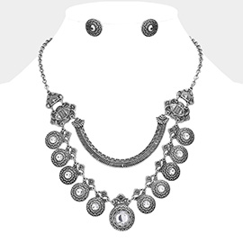 Round Stone Centered Antique Metal Link Bib Necklace