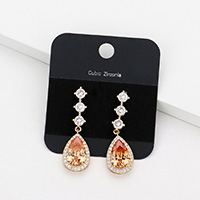 CZ Triple Round Teardrop Link Dangle Evening Earrings