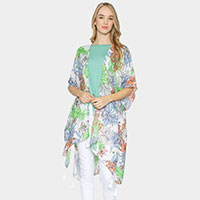 Tropical Leaf Flower Printed Cover Up Kimono Poncho