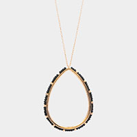 Wood Trimmed Open Teardrop Pendant Long Necklace