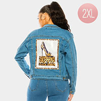 Leopard Patterned Stiletto Heel Back Accented Denim Jacket