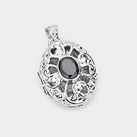 CZ Oval Accented Filigree Metal Locket Pendant