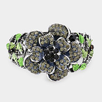 Flower Accented Colored Metal Leaf Hinged Evening Bracelet