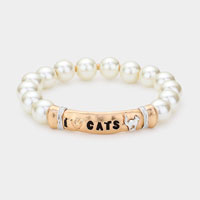 I LOVE CATS Message Pearl Stretch Bracelet