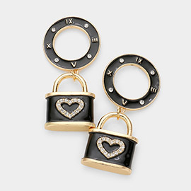 Stone Embellished Enamel Roman Numerals Heart Lock Link Dangle Earrings