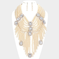 Stone Accented Pearl Fringe Statement Necklace