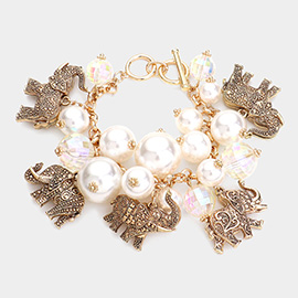 Metal Elephant Charm Station Pearl Cluster Toggle Bracelet