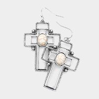 Natural Stone Accented Metal Cross Dangle Earrings