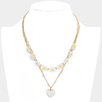 Enamel Heart Pendant Flower Link Double Layered Necklace