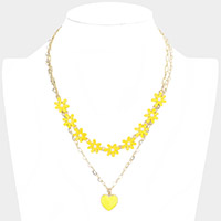 Enamel Heart Pendant Flower Link Double Layered Necklace