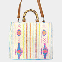 Boho Wood Handle Tote / Crossbody Bag