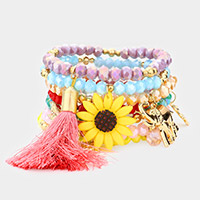 7pcs - Sunflower Elephant Owl Tree Dragonfly Tassel Charm Bracelets