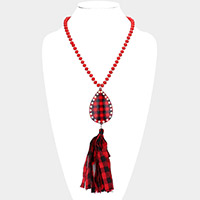 Buffalo Plaid Teardrop Metal Fabric Tassel Dangle Pendant Long Necklace