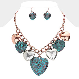 Multi Metal Heart Pendants Dangle Necklace