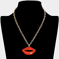 Rhinestone Paved Lip Pendant Necklace