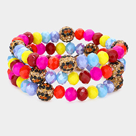 3PCS - Leopard Pattern Shamballa Ball Faceted Bead Stretch Bracelets