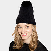 Solid Knit Beanie Hat With Faux Fur Pom