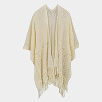 Geometry Open Knit Ruana  Poncho With Fringe