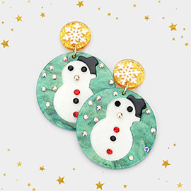 Acetate Christmas Snowman Accented Circle Dangle Earrings