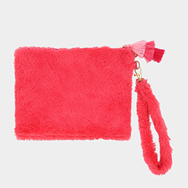 Faux Fur Tassel Pouch With Wristlet