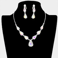 Teardrop Stone Accented Rhinestone Pave Necklace Clip on Earring Set