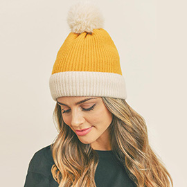 Two Tone Knit Pompom Beanie Hat