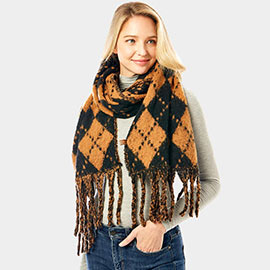 Argyle Print Oblong Scarf With Fringe