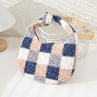 Checker Pattern Teddy Bear Faux Fur Mini Tote Bag