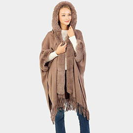 Solid Color Hoodie Winter Cape With Faux Fur Edge