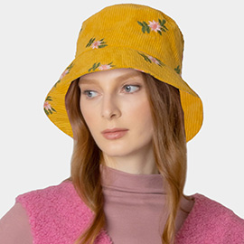 Embroidered Floral Corduroy Bucket Hat