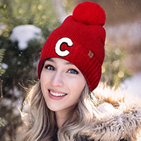 -C- Monogram Faux Fur Pom Pom Knit Beanie Hat