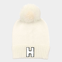 -H- Monogram Faux Fur Pom Pom Knit Beanie Hat