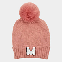 -M- Monogram Faux Fur Pom Pom Knit Beanie Hat