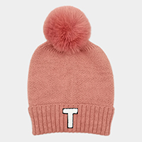 -T- Monogram Faux Fur Pom Pom Knit Beanie Hat