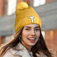 -T- Monogram Faux Fur Pom Pom Knit Beanie Hat