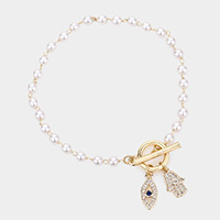 Evil Eye Hamsa Hand Charm Pearl Toggle Bracelet