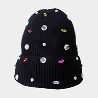 Pearl Jewel Embellished Fleece Lining Knit Beanie Hat 