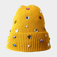 Pearl Jewel Embellished Fleece Lining Knit Beanie Hat 