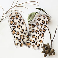 Leopard Patterned Faux Fur Lining Mitten Gloves