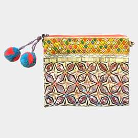 Floral Boho Sequin Pom Pom Crossbody Bag