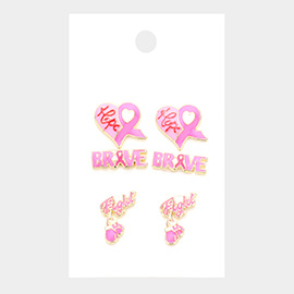 3Pairs - Pink Ribbon Heart Hope BRAVE Fight Message Stud Earrings