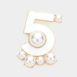 Pearl Embellished Enamel NO. 5 Pin Brooch