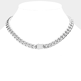 Stainless Steel CZ Embellished Metal Chain Link Necklace