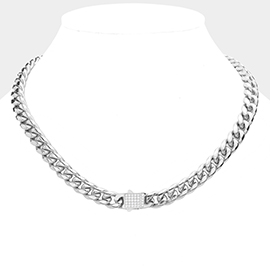 Stainless Steel CZ Embellished Metal Chain Link Necklace