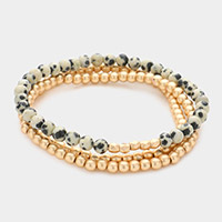 3PCS - Natural Stone Metal Ball Beaded Stretch Bracelets