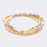 3PCS - Natural Stone Metal Ball Beaded Stretch Bracelets