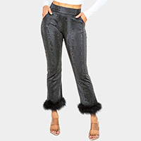 Faux Fur Trimmed Snake Skin Patterned Fleece Pants